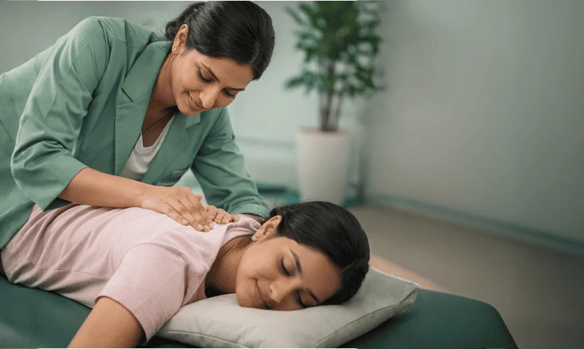 Patient receiving manual therapy to relieve back and shoulder pain