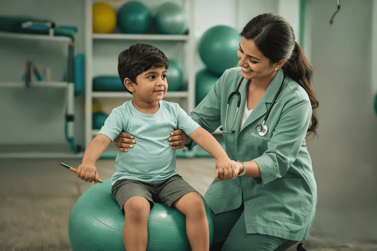 Pediatric physiotherapy playroom with therapy equipment