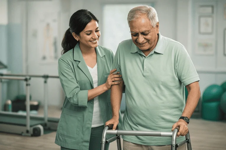 Elderly patient demonstrating improved balance during geriatric physiotherapy