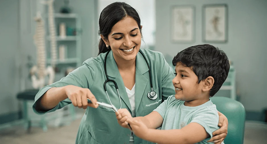 Happy child engaging in pediatric physiotherapy exercises with therapist