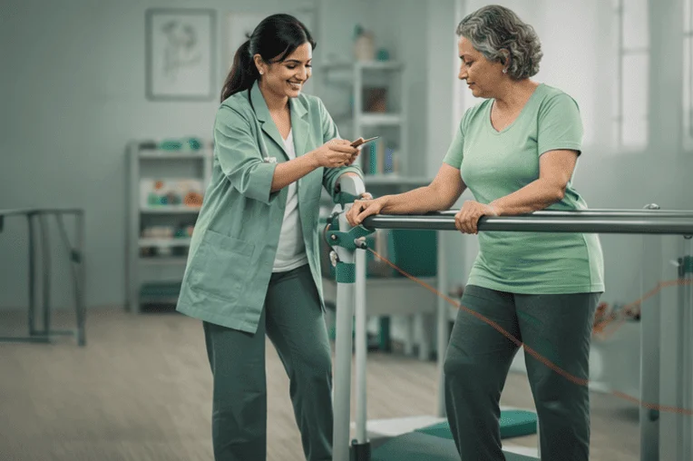 Patient practicing walking therapy for functional movement recovery